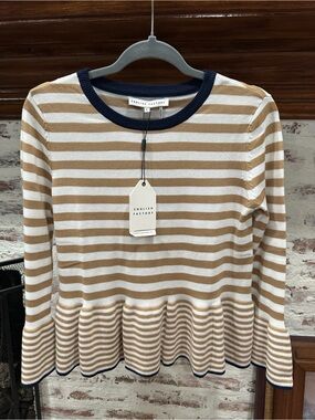 English Factory Striped Crewneck Top in Navy and Camel